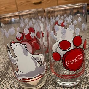 Coca Cola Glasses with Polar Bear and Paw Prints - Red and White set of 4